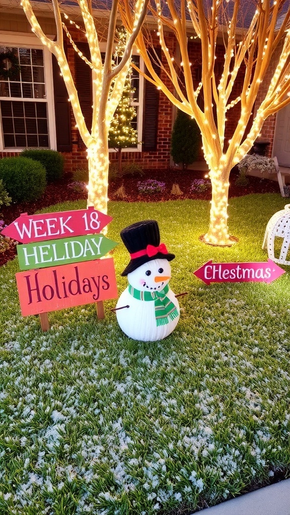 A festive Christmas yard with DIY decorations including painted signs, a snowman, and string lights.